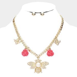 Pearl Center Honey Bee Flower Pendant Necklace Set